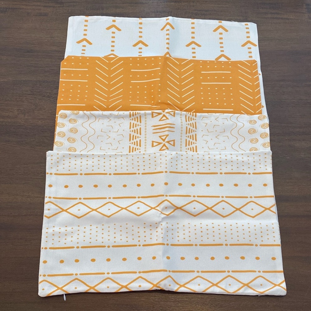(4) Mustard and White Oblong Geometric Print Accent Pillow Covers (12” x 19.5”)